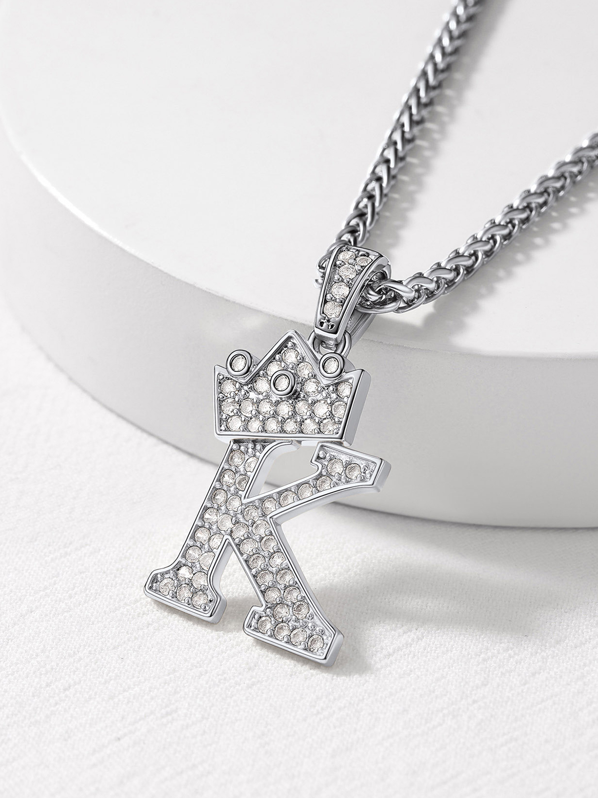 Crown Initial K Pendant Iced Out Necklace with CZ in Silver
