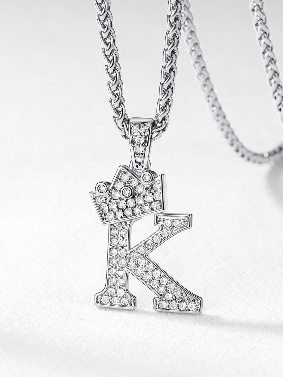 Crown Initial K Pendant Iced Out Necklace with CZ in Silver