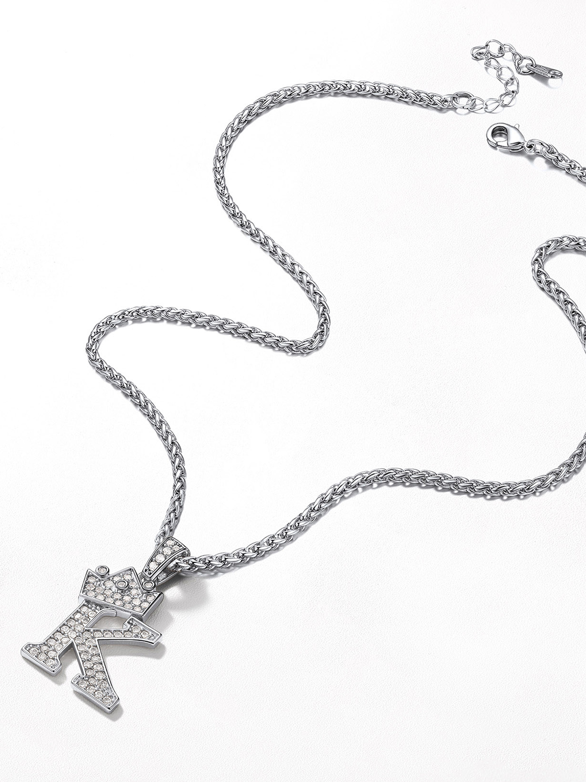 Crown Initial K Pendant Iced Out Necklace with CZ in Silver