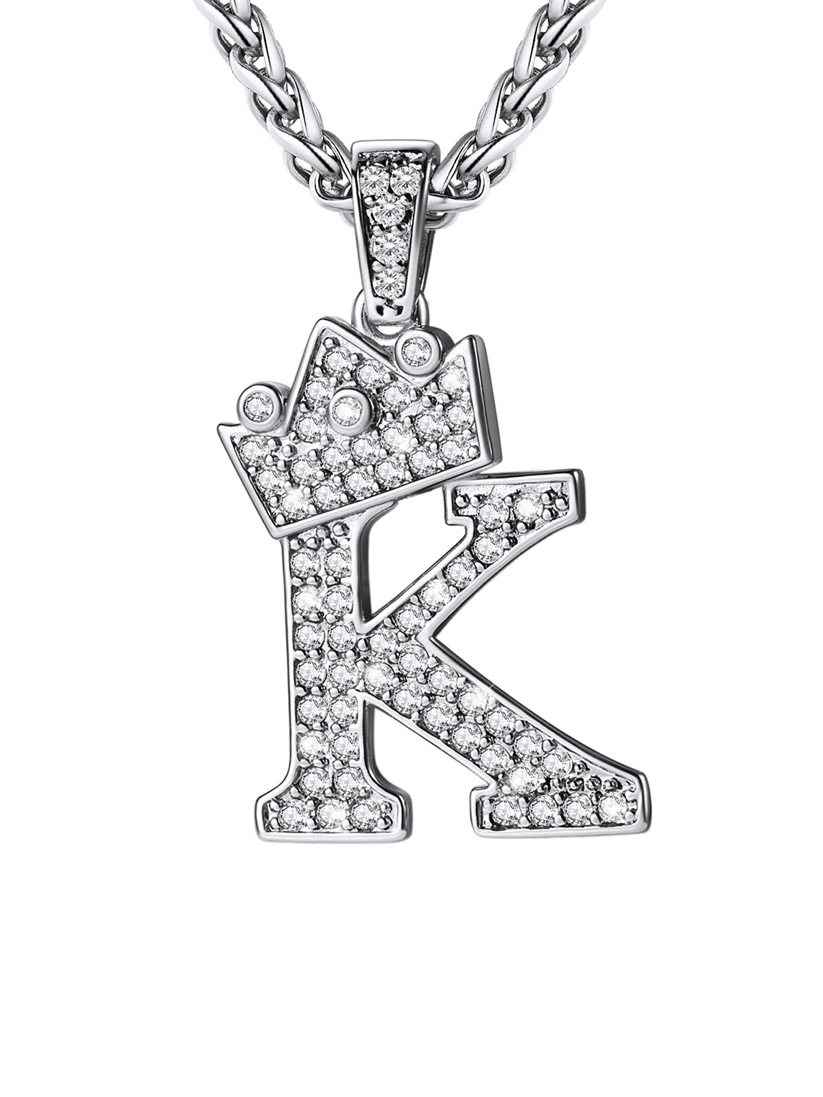 Crown Initial K Pendant Iced Out Necklace with CZ in Silver