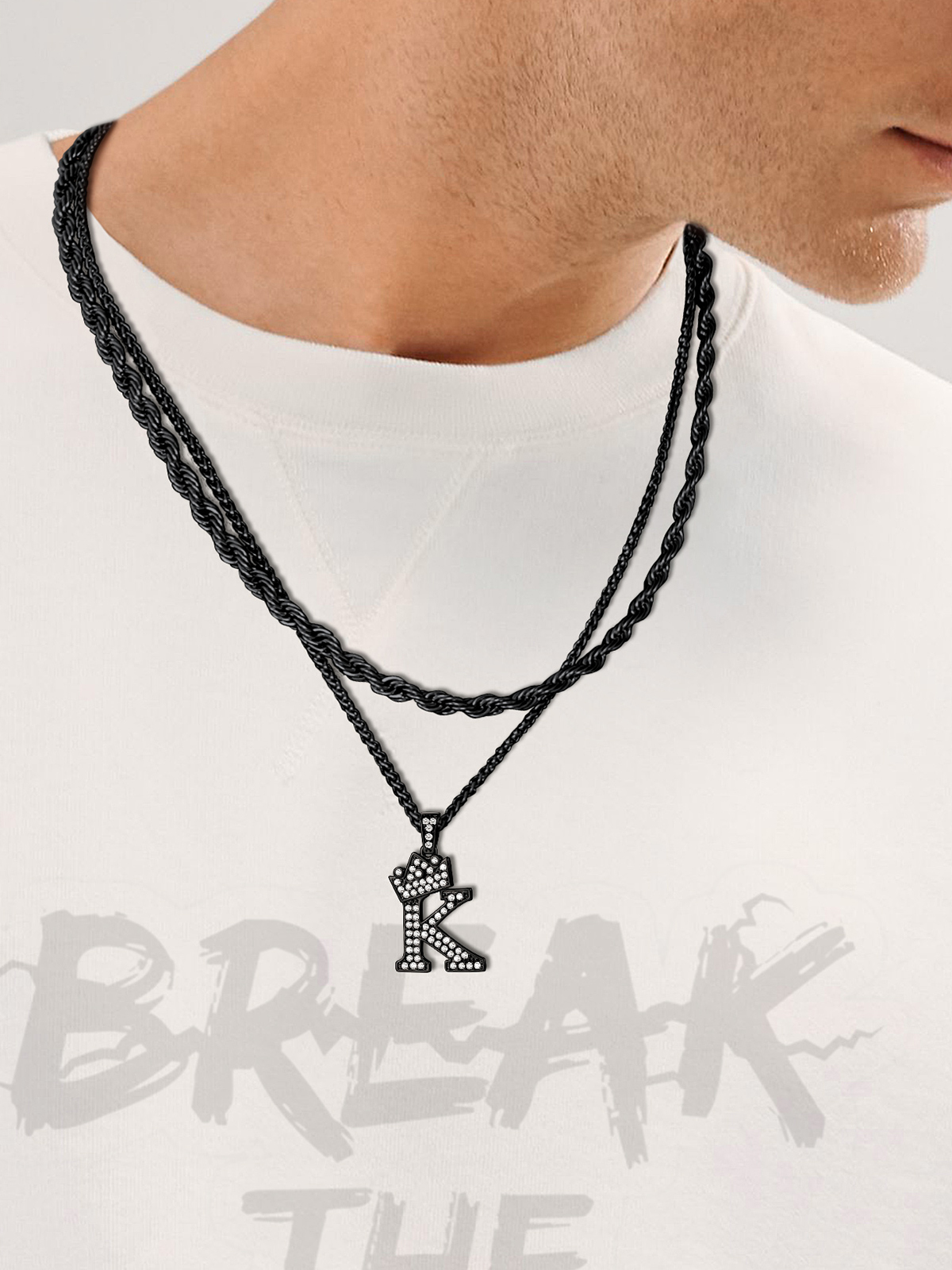 Crown Initial K Pendant Iced Out Necklace with CZ in Black