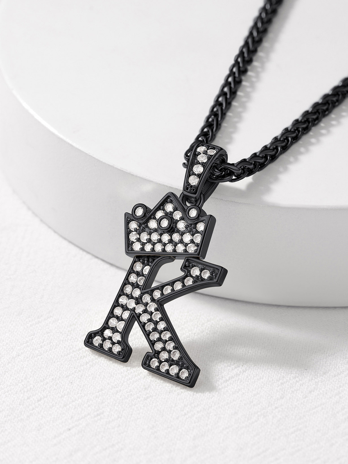 Crown Initial K Pendant Iced Out Necklace with CZ in Black