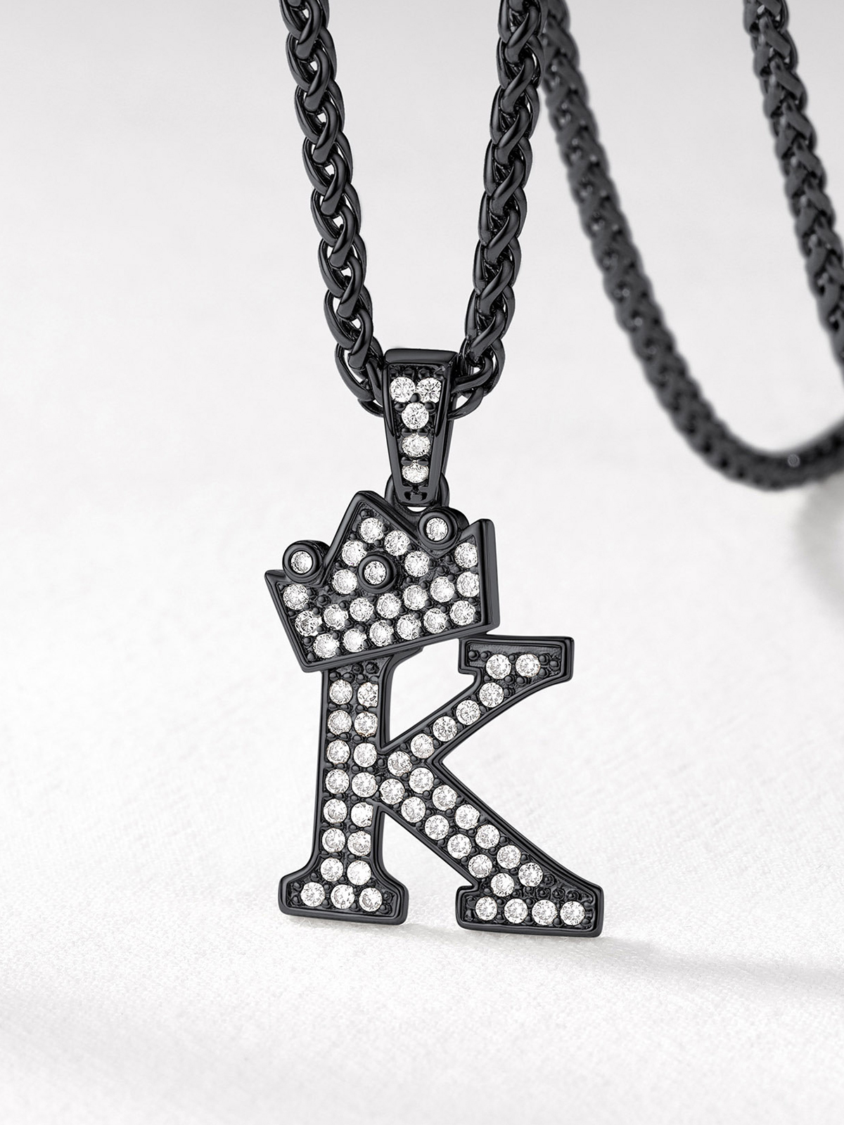 Crown Initial K Pendant Iced Out Necklace with CZ in Black