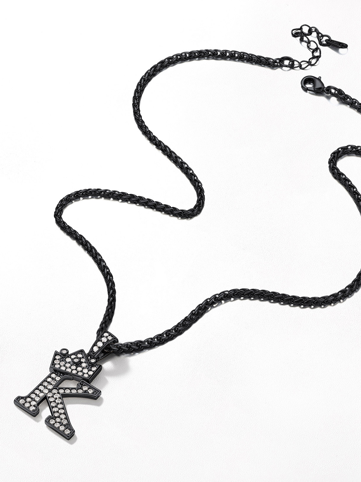 Crown Initial K Pendant Iced Out Necklace with CZ in Black