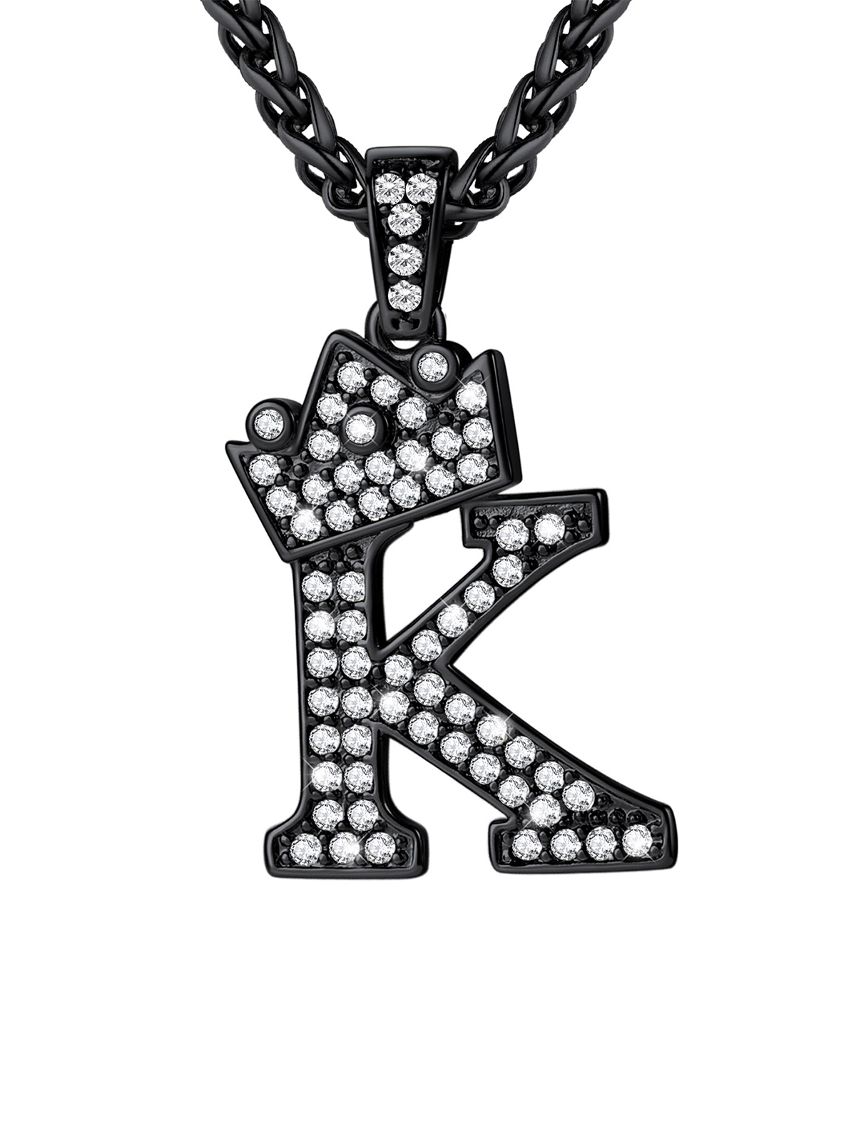 Crown Initial K Pendant Iced Out Necklace with CZ in Black