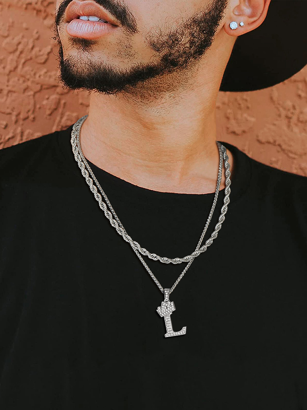 Crown Initial L Pendant Iced Out Necklace with CZ in Silver