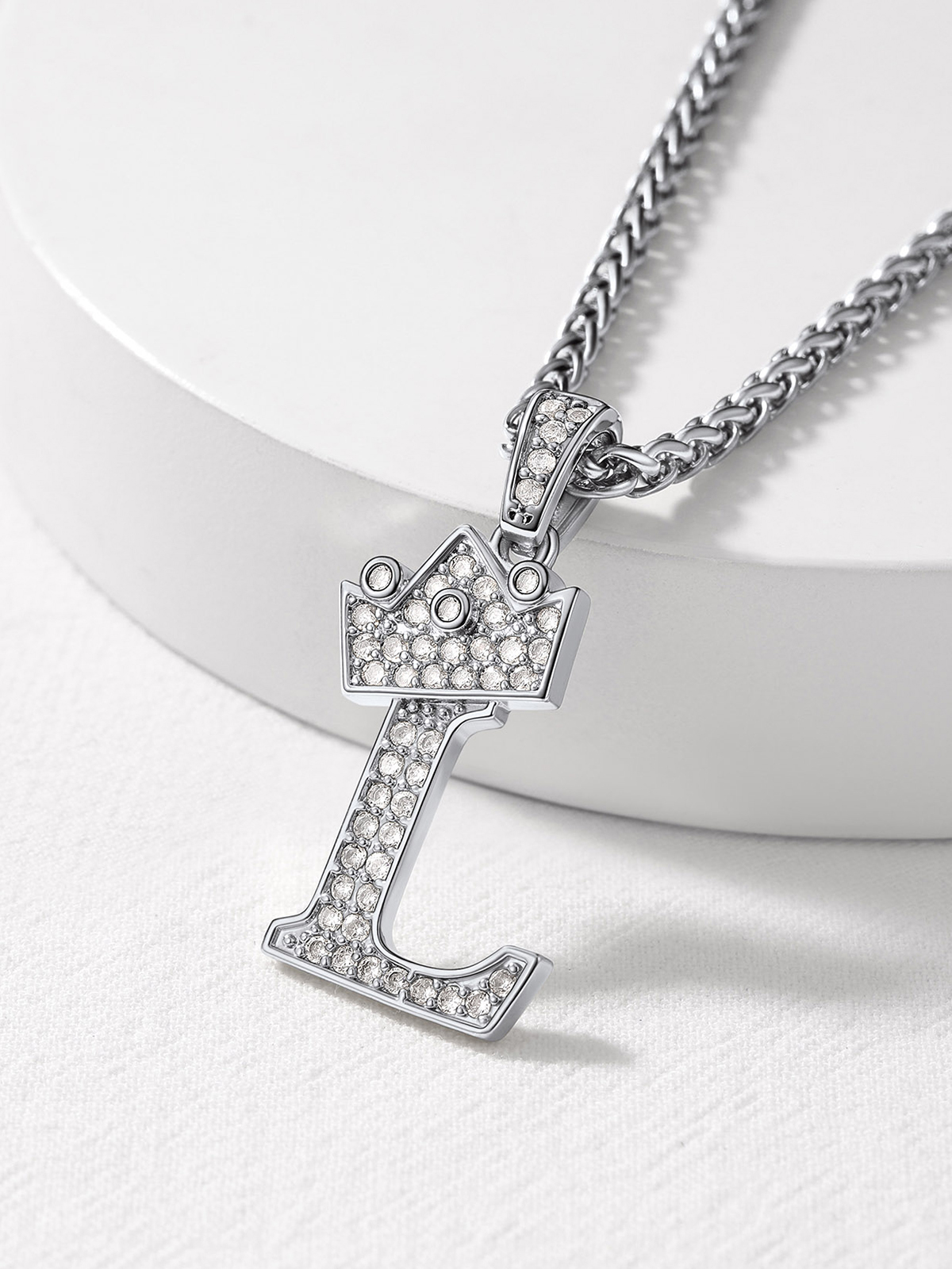 Crown Initial L Pendant Iced Out Necklace with CZ in Silver