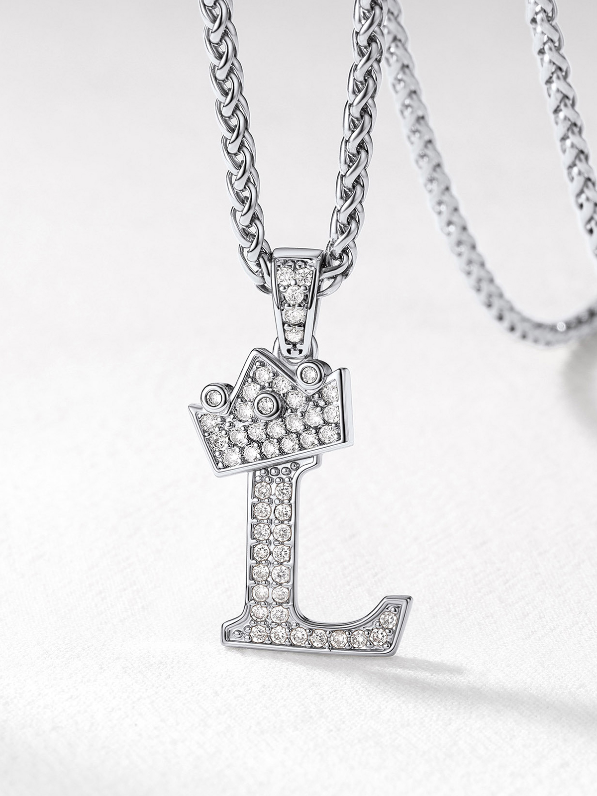 Crown Initial L Pendant Iced Out Necklace with CZ in Silver