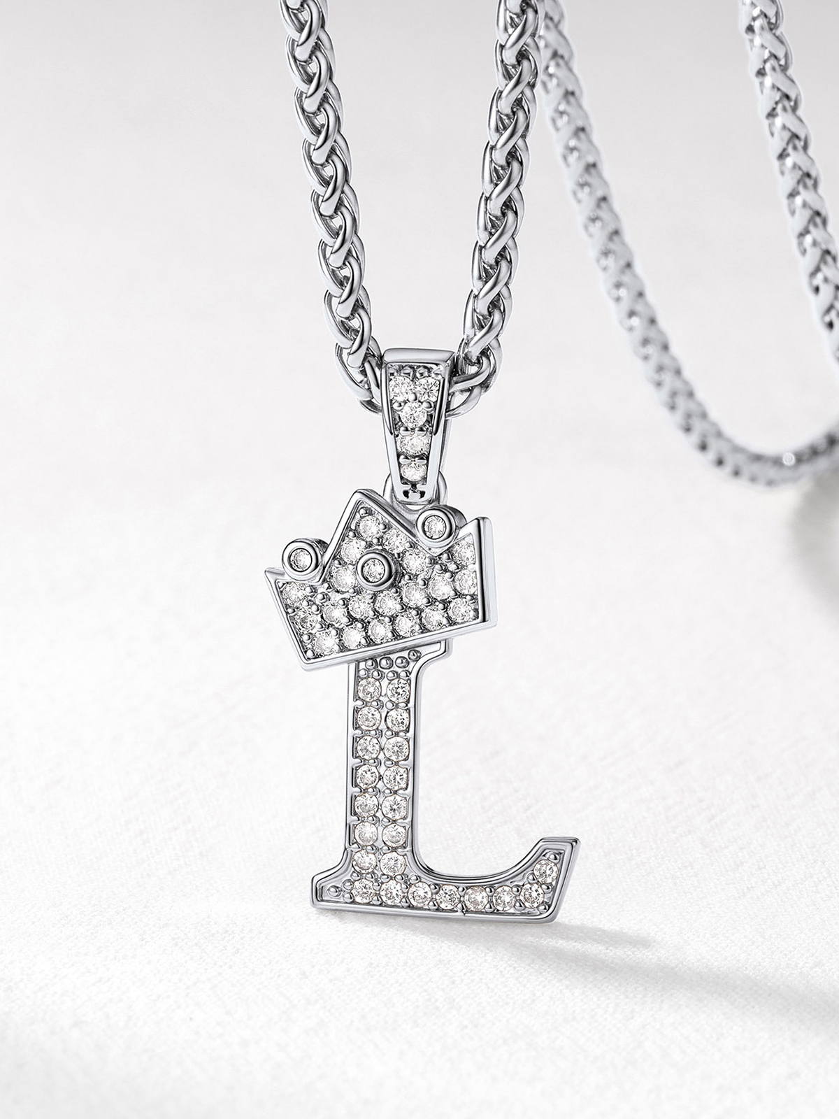 Crown Initial L Pendant Iced Out Necklace with CZ in Silver