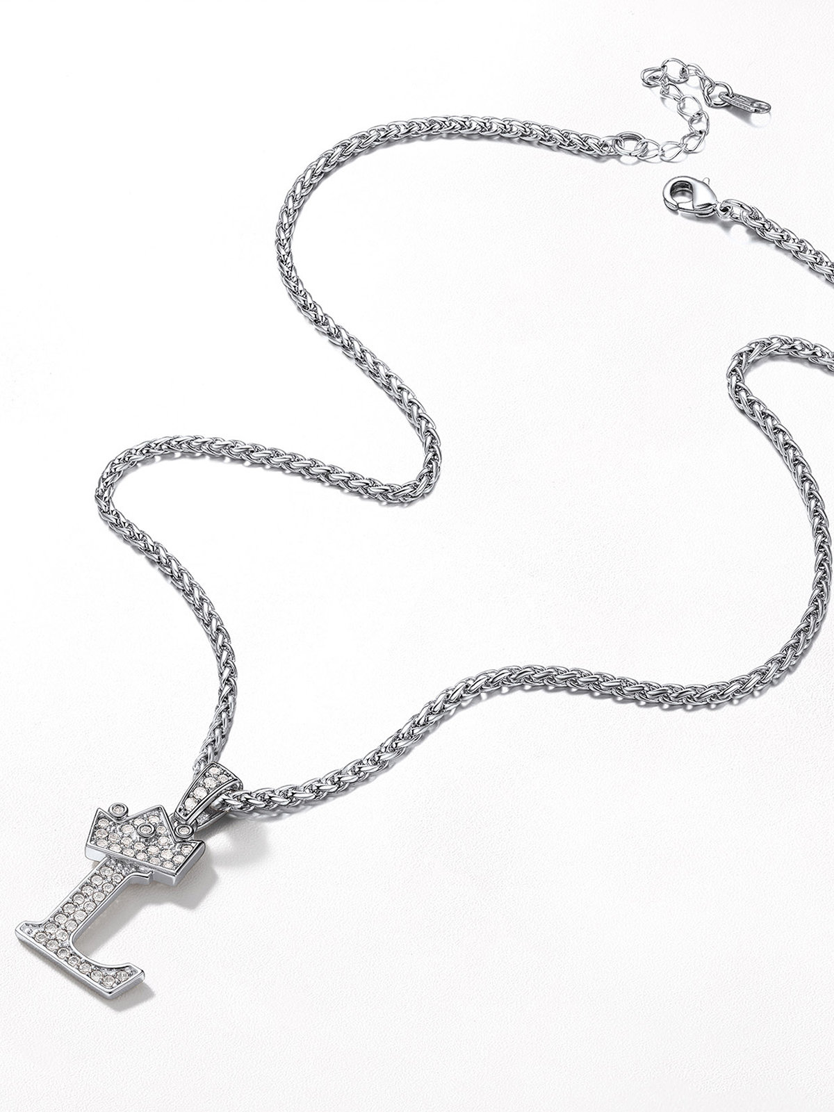 Crown Initial L Pendant Iced Out Necklace with CZ in Silver