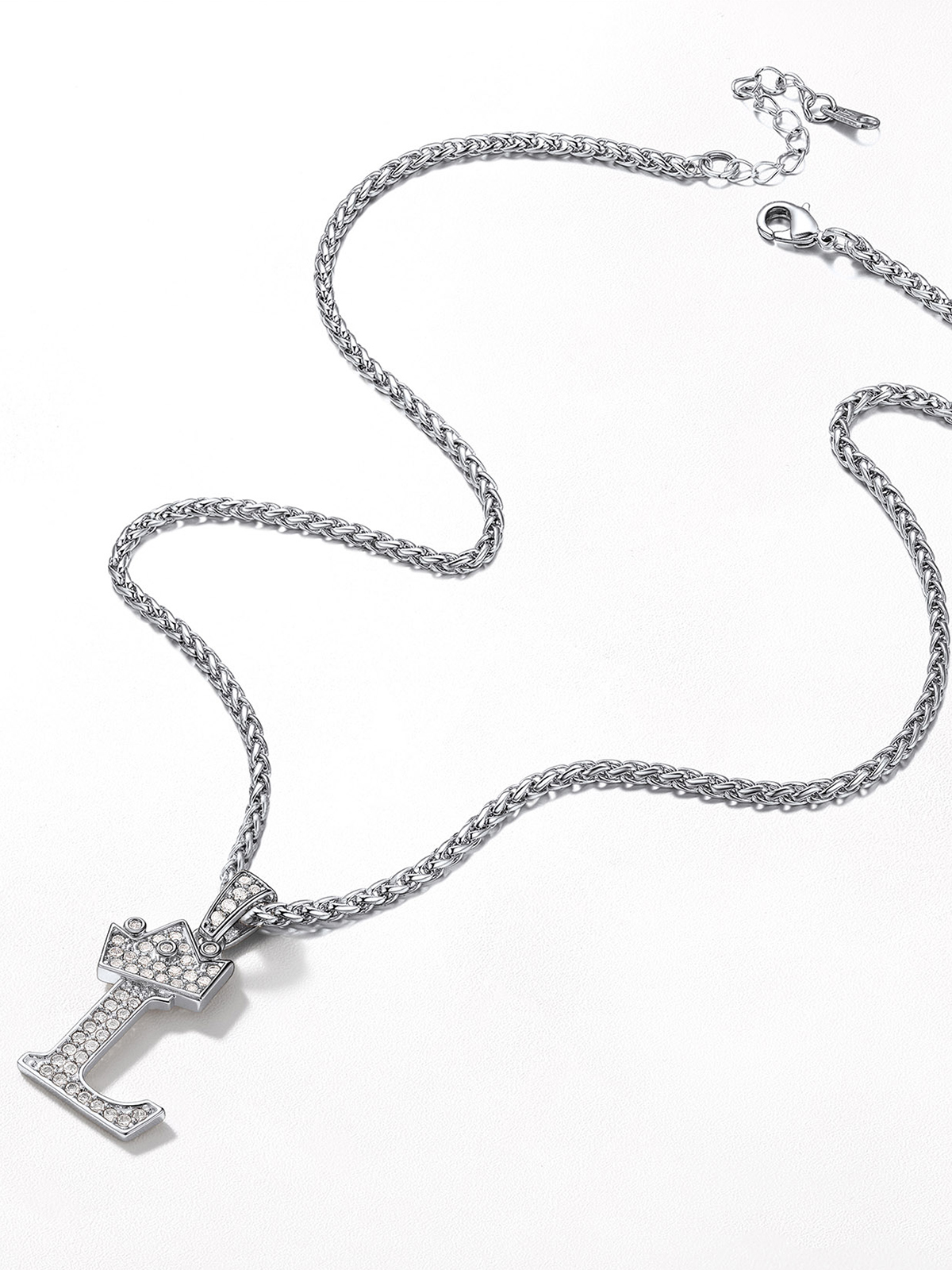 Crown Initial L Pendant Iced Out Necklace with CZ in Silver