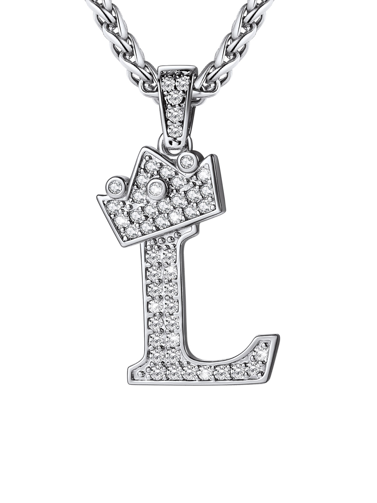 Crown Initial L Pendant Iced Out Necklace with CZ in Silver