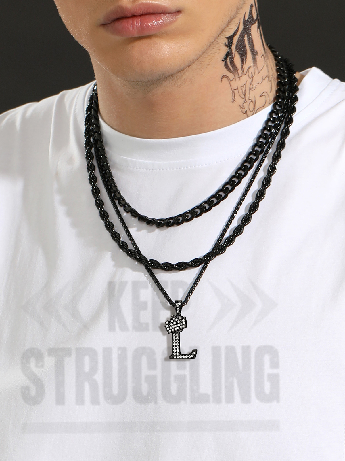 Crown Initial L Pendant Iced Out Necklace with CZ in Black