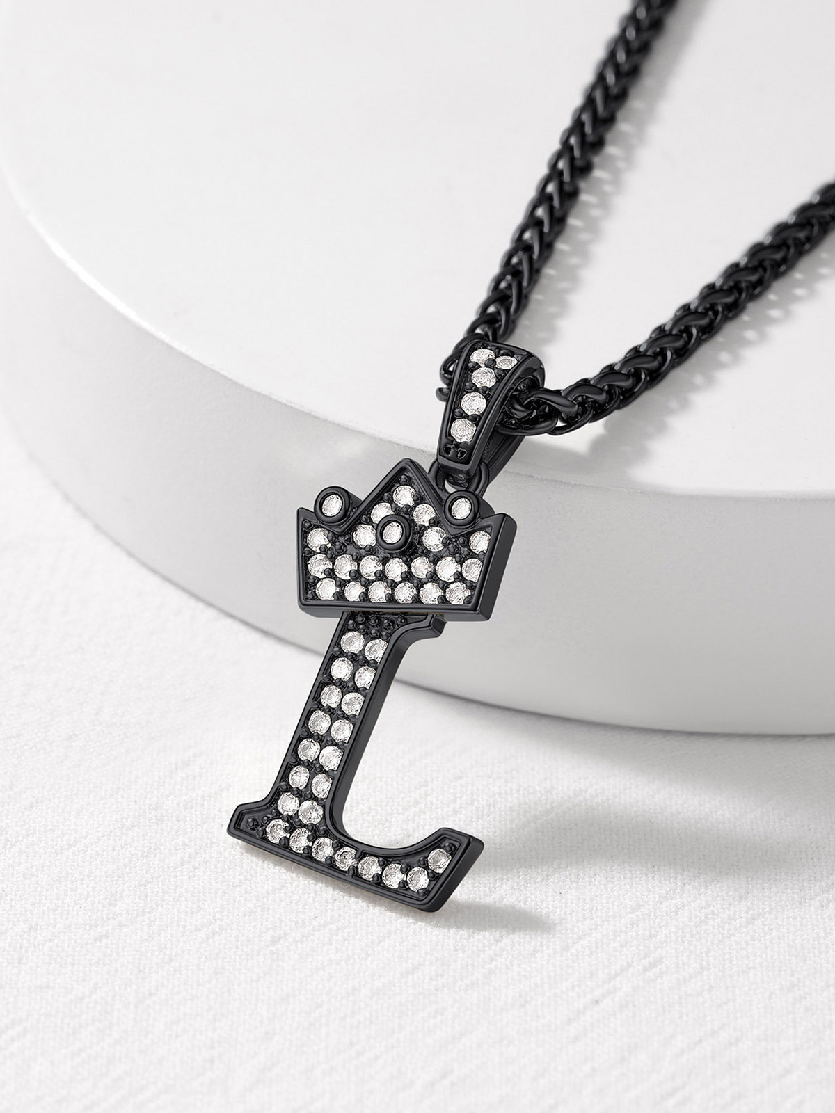 Crown Initial L Pendant Iced Out Necklace with CZ in Black