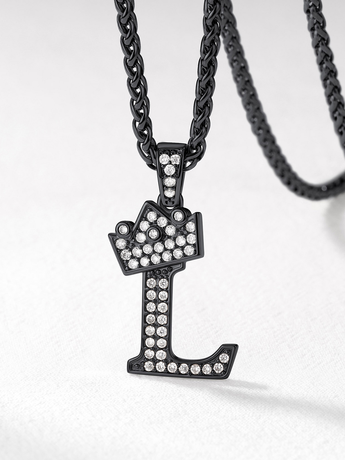 Crown Initial L Pendant Iced Out Necklace with CZ in Black