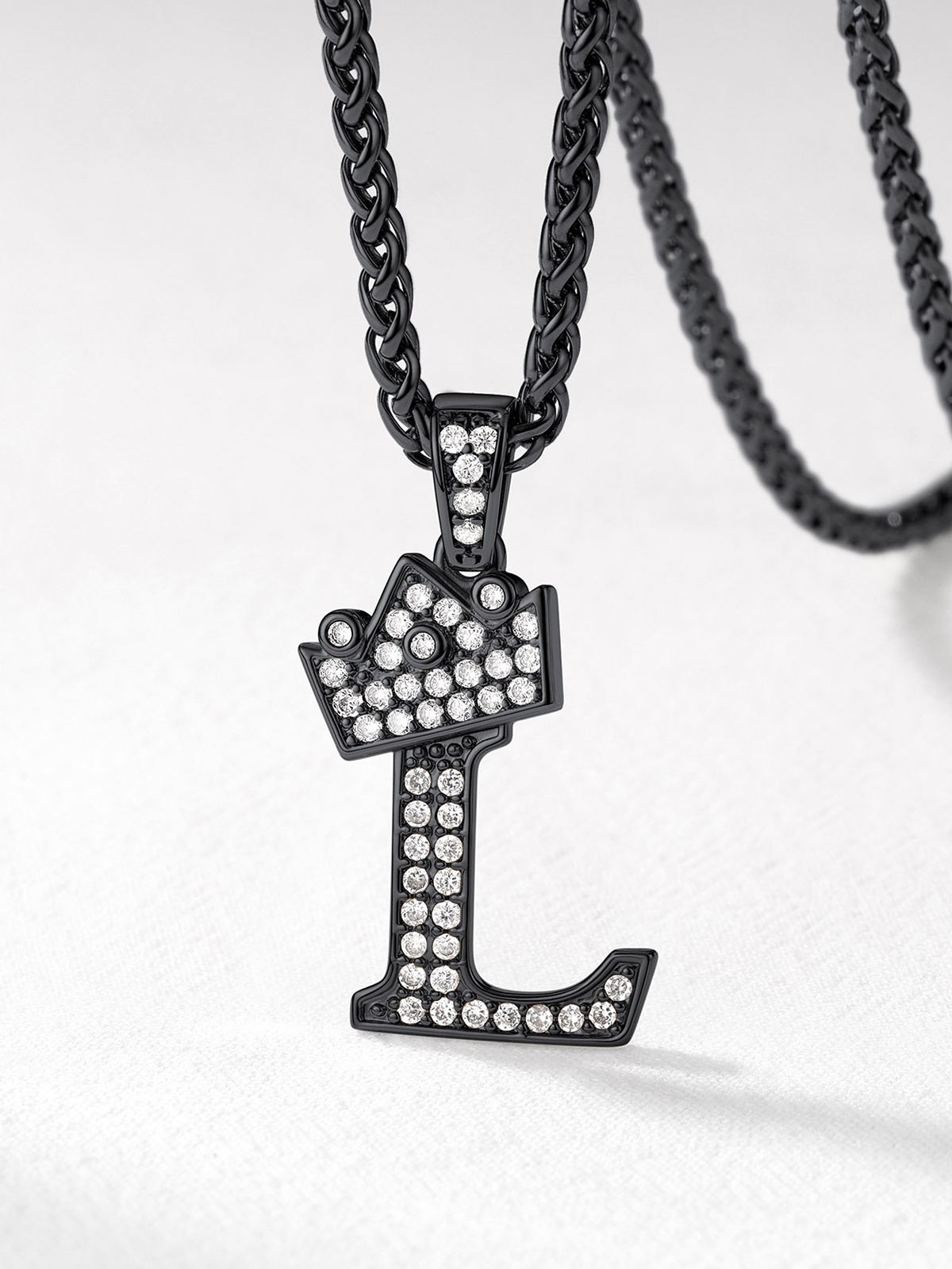 Crown Initial L Pendant Iced Out Necklace with CZ in Black