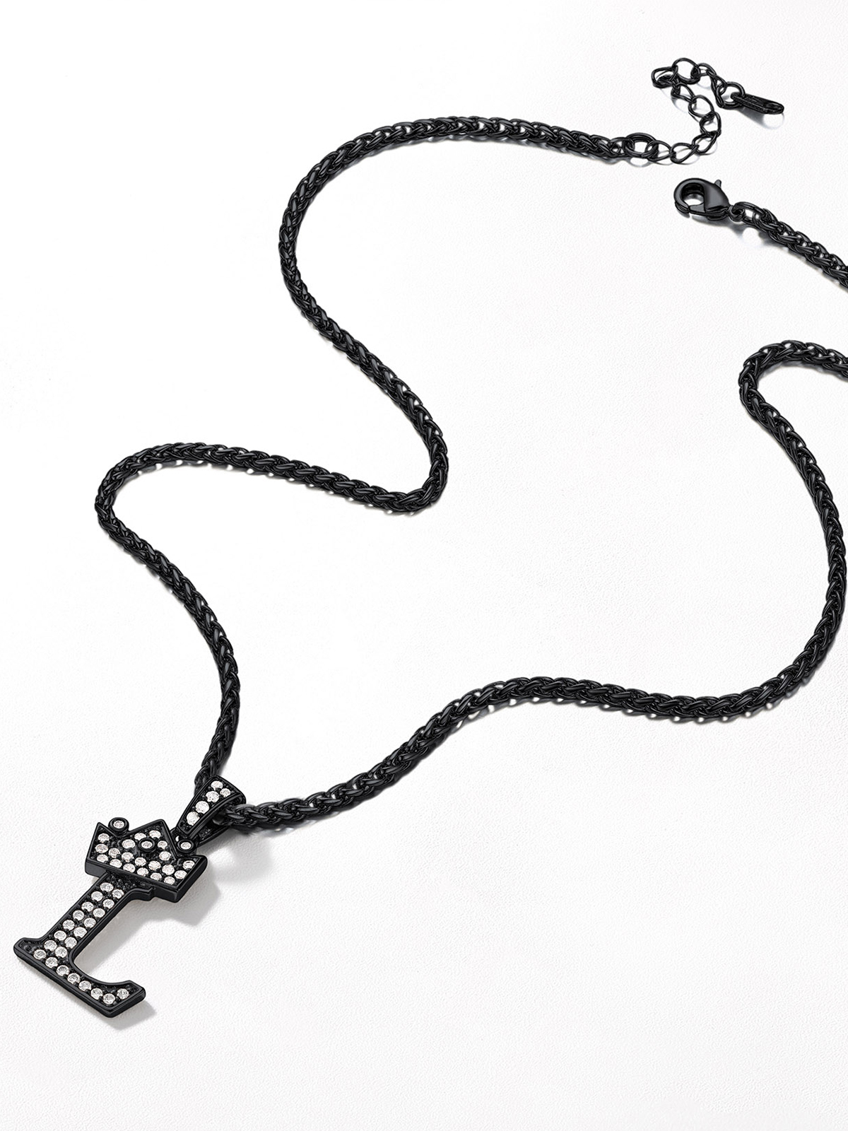 Crown Initial L Pendant Iced Out Necklace with CZ in Black