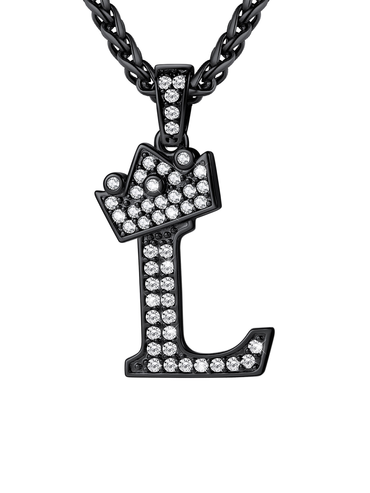 Crown Initial L Pendant Iced Out Necklace with CZ in Black