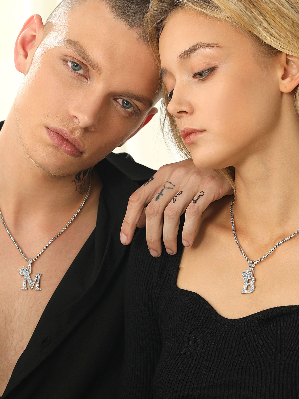 Crown Initial M Pendant Iced Out Necklace with CZ in Silver