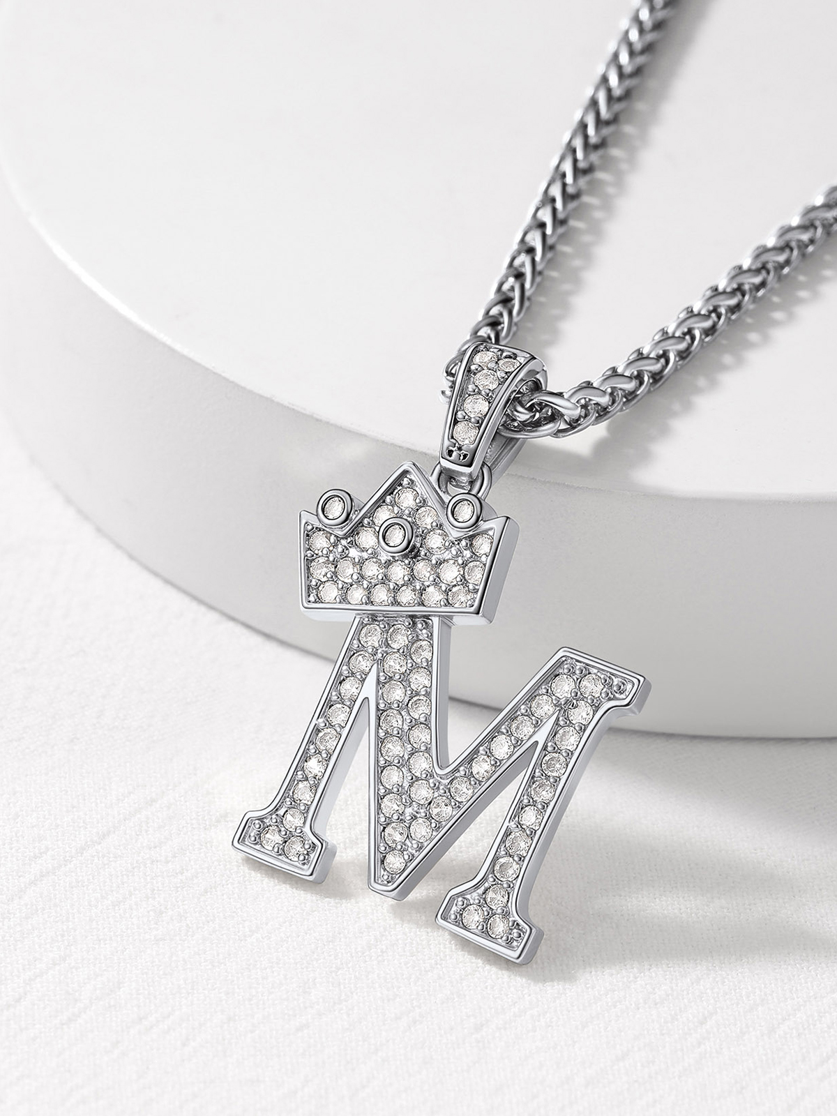 Crown Initial M Pendant Iced Out Necklace with CZ in Silver