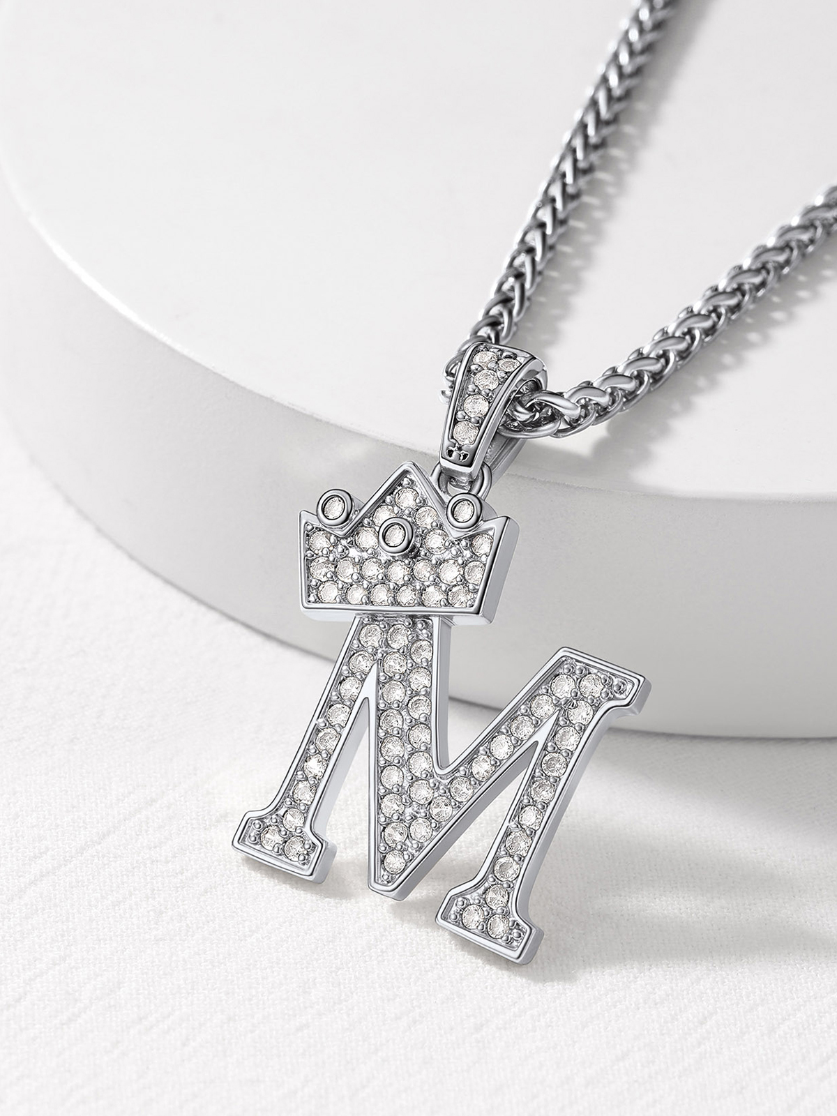 Crown Initial M Pendant Iced Out Necklace with CZ in Silver