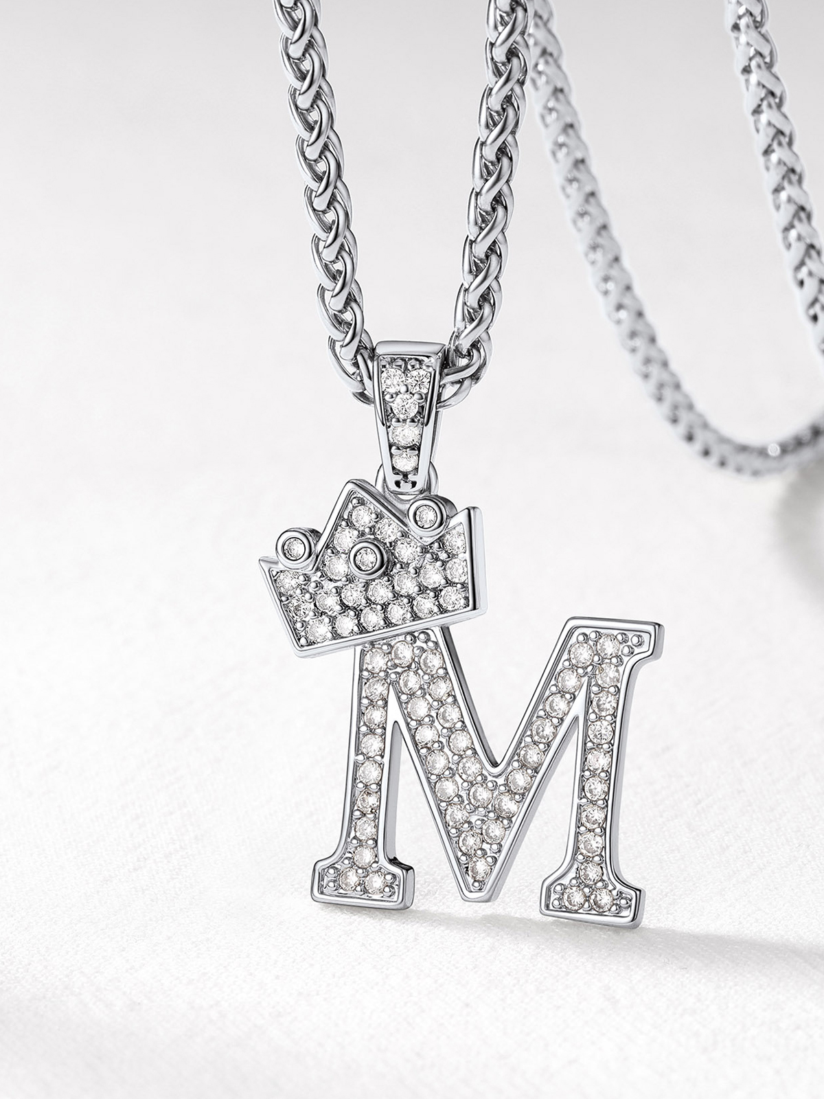 Crown Initial M Pendant Iced Out Necklace with CZ in Silver