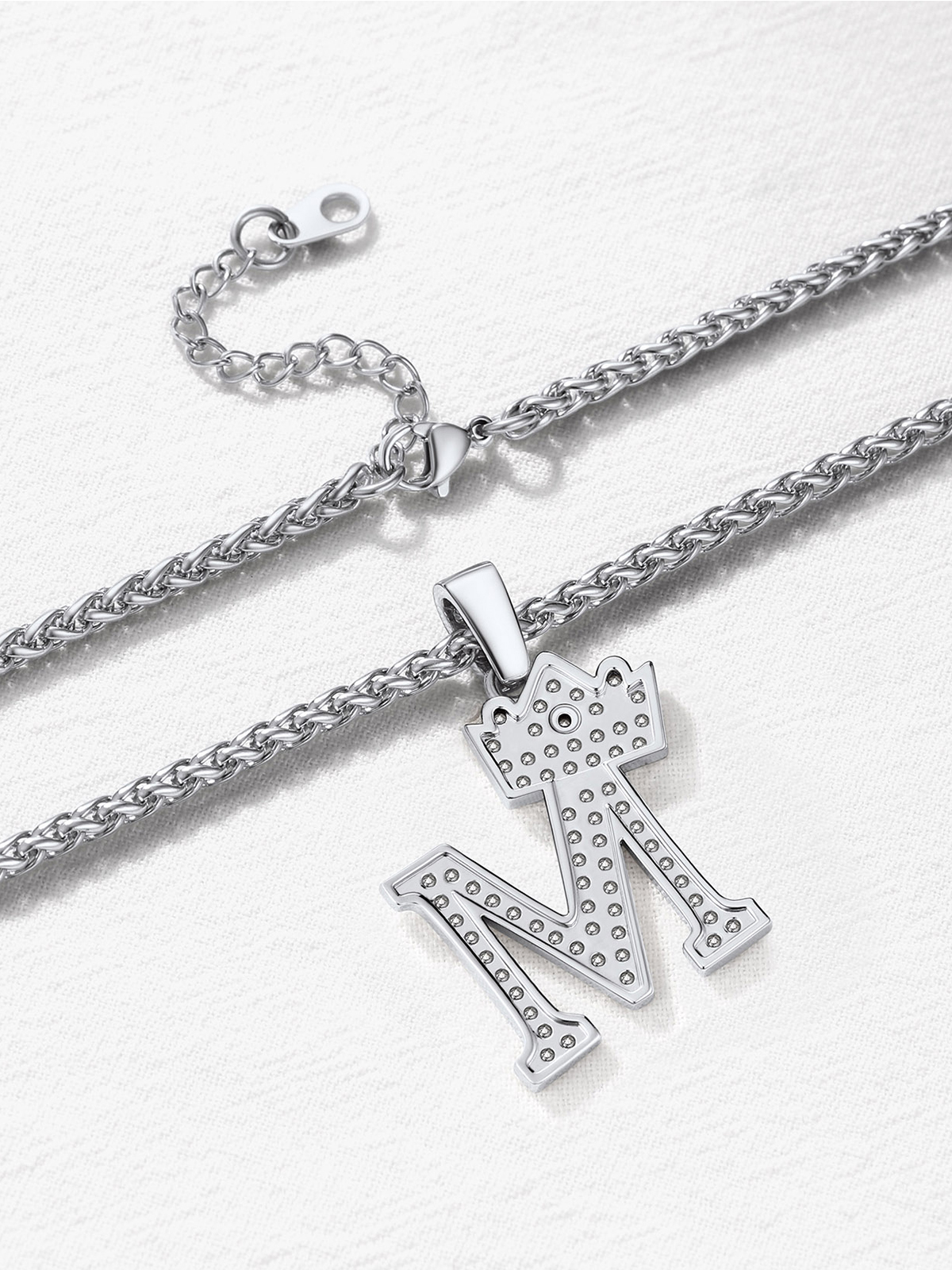 Crown Initial M Pendant Iced Out Necklace with CZ in Silver