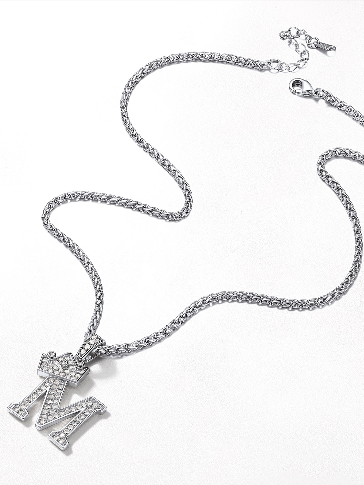 Crown Initial M Pendant Iced Out Necklace with CZ in Silver