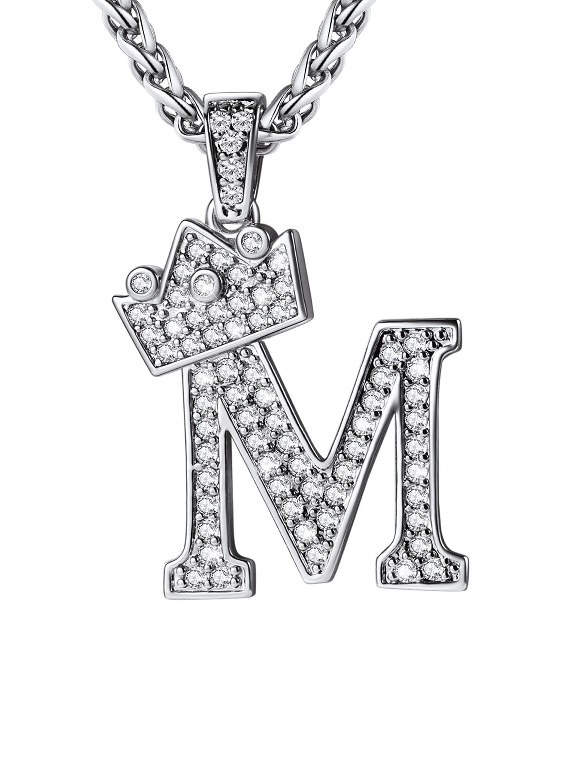 Crown Initial M Pendant Iced Out Necklace with CZ in Silver