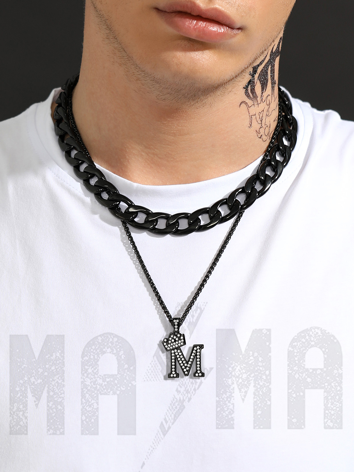 Crown Initial M Pendant Iced Out Necklace with CZ in Black