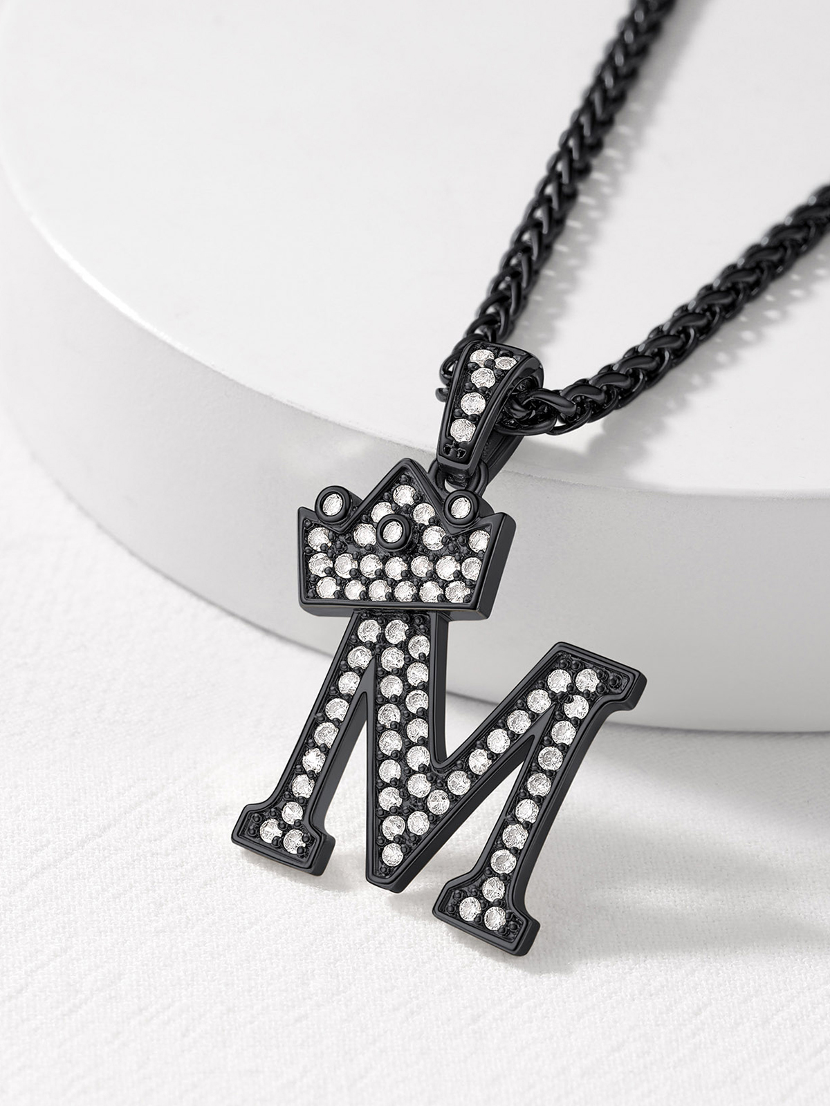 Crown Initial M Pendant Iced Out Necklace with CZ in Black