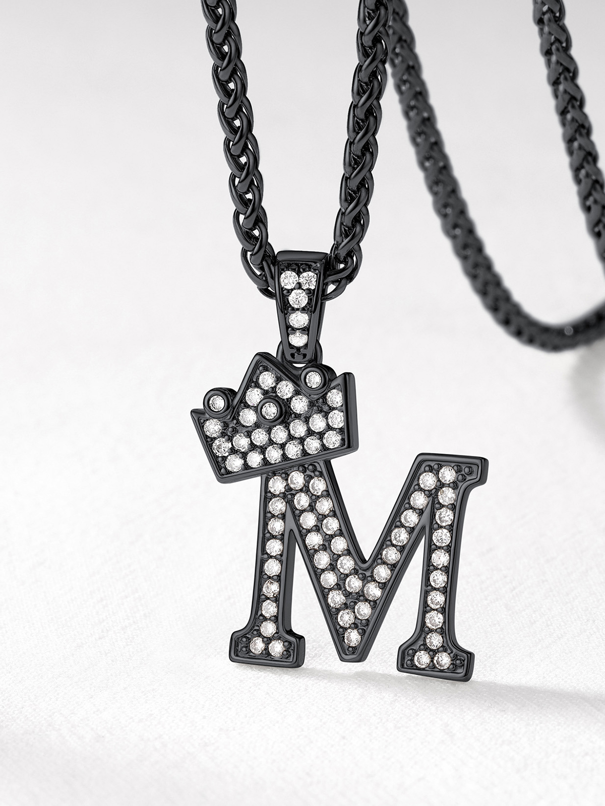 Crown Initial M Pendant Iced Out Necklace with CZ in Black