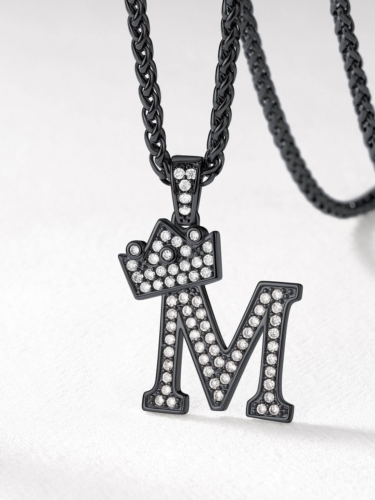 Crown Initial M Pendant Iced Out Necklace with CZ in Black