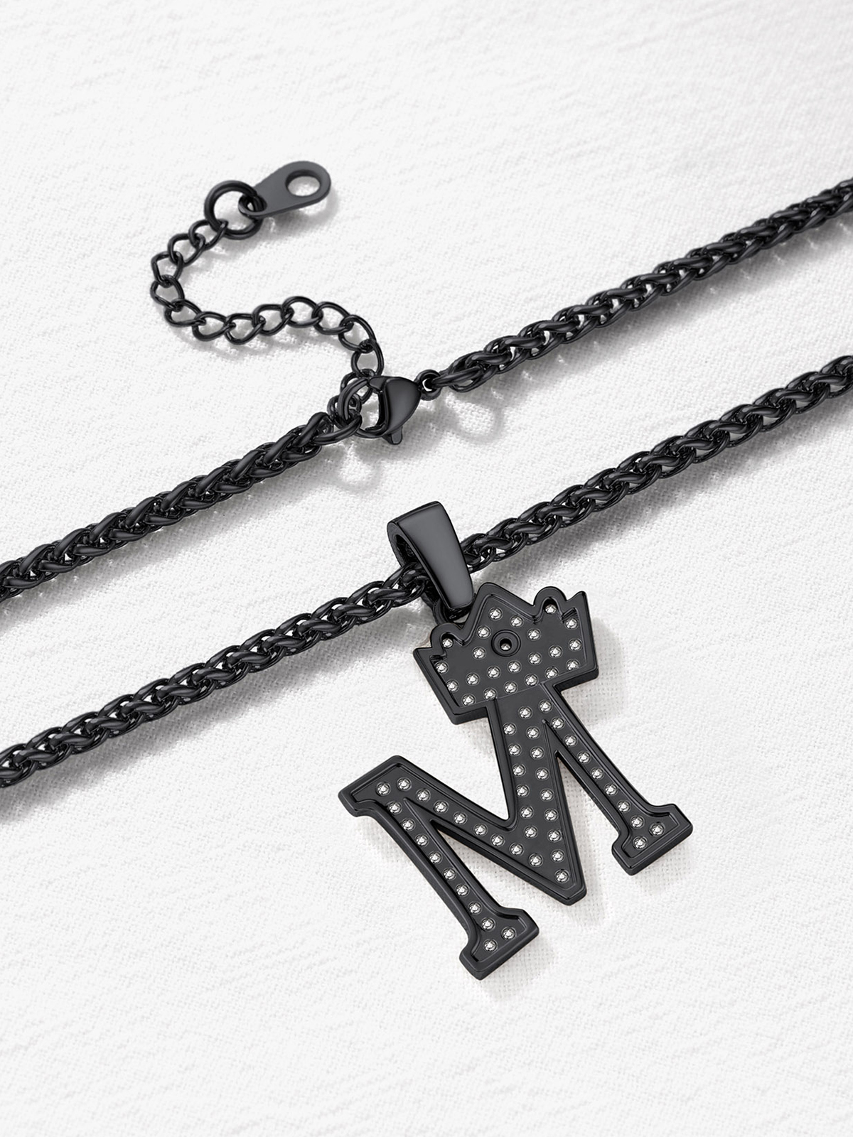 Crown Initial M Pendant Iced Out Necklace with CZ in Black