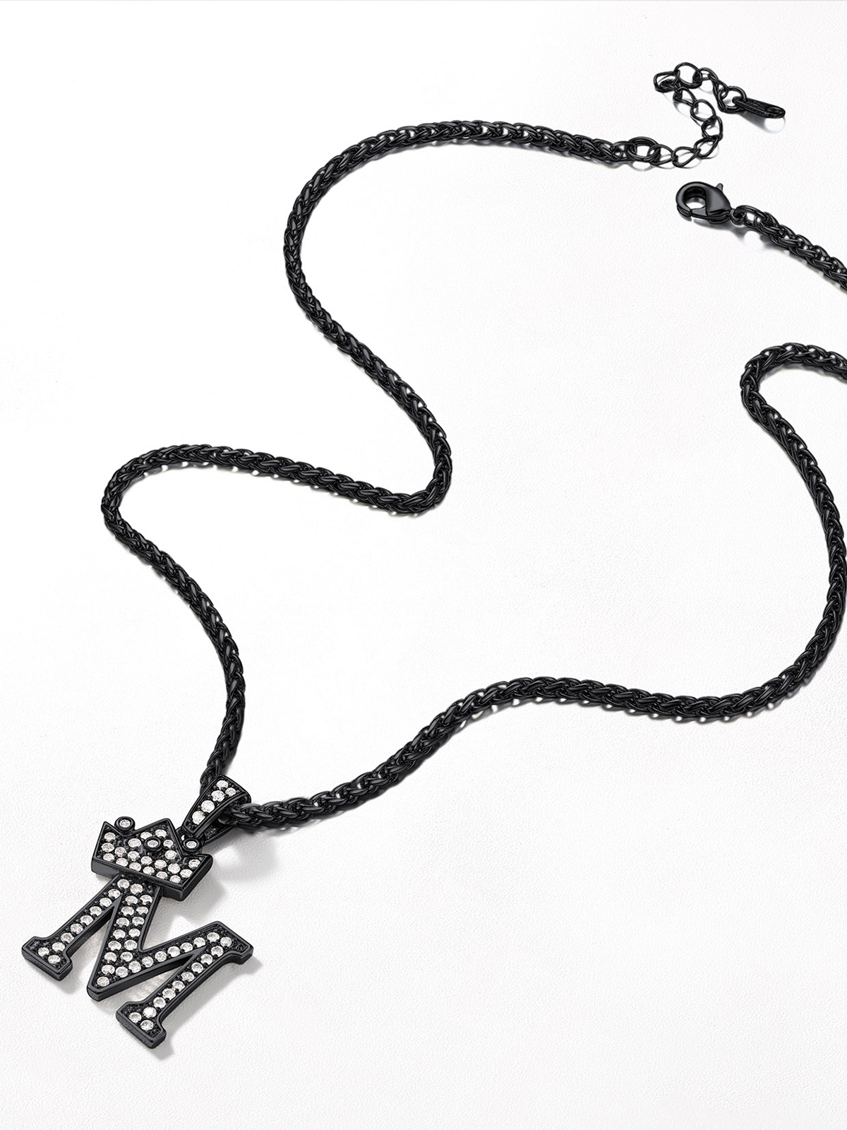 Crown Initial M Pendant Iced Out Necklace with CZ in Black
