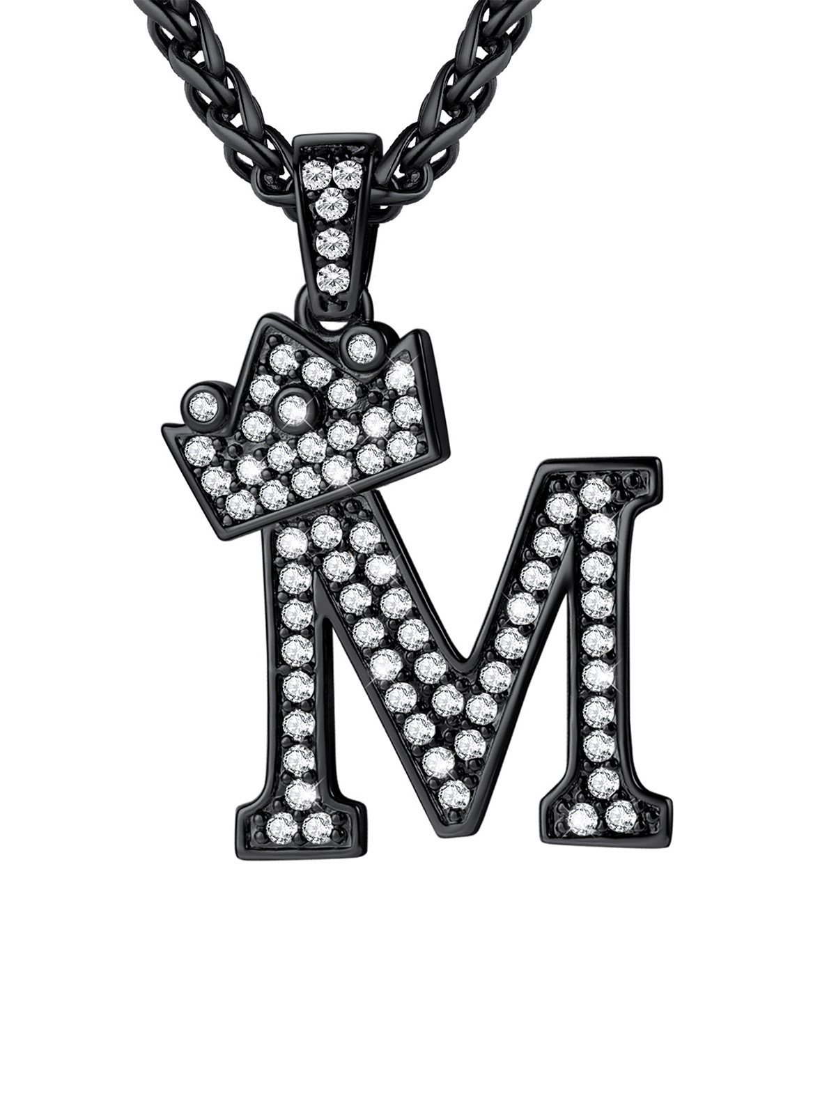 Crown Initial M Pendant Iced Out Necklace with CZ in Black