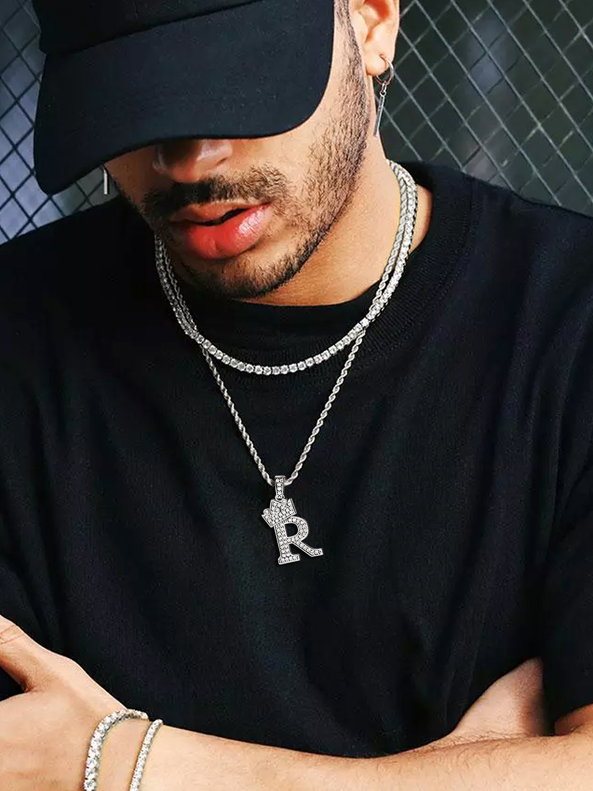 Crown Initial R Pendant Iced Out Necklace with CZ in Silver