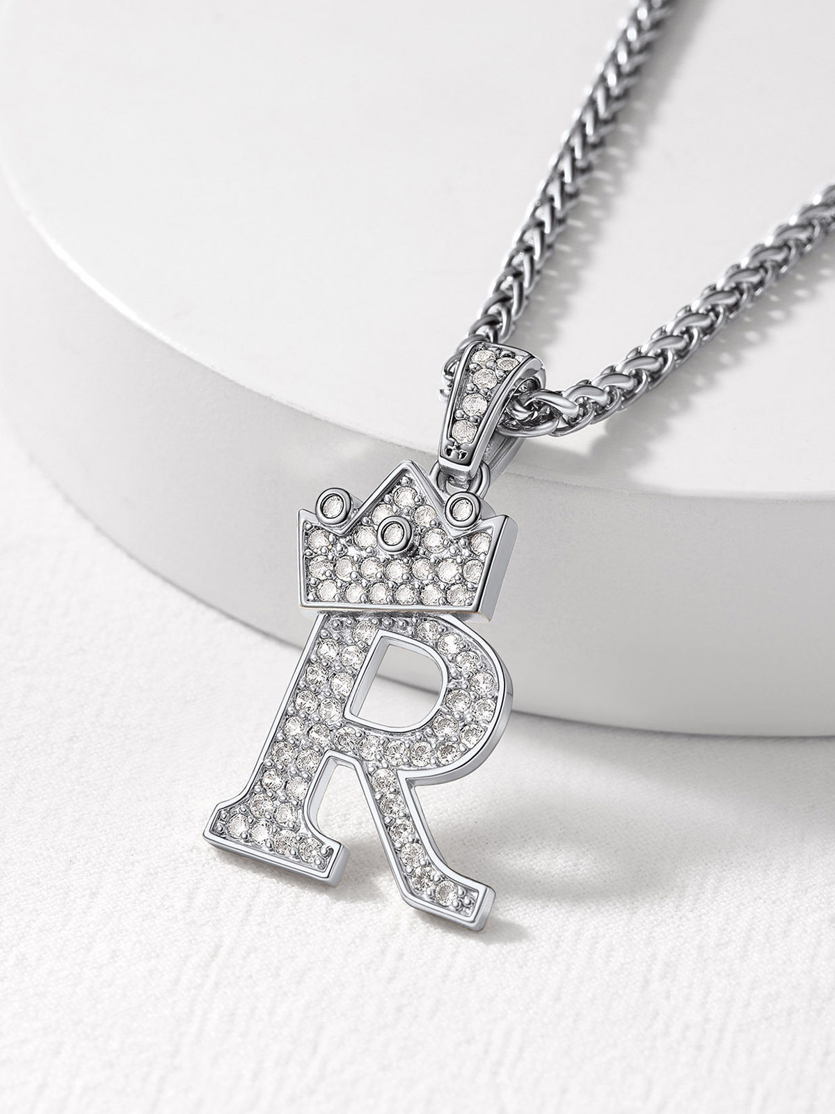 Crown Initial R Pendant Iced Out Necklace with CZ in Silver