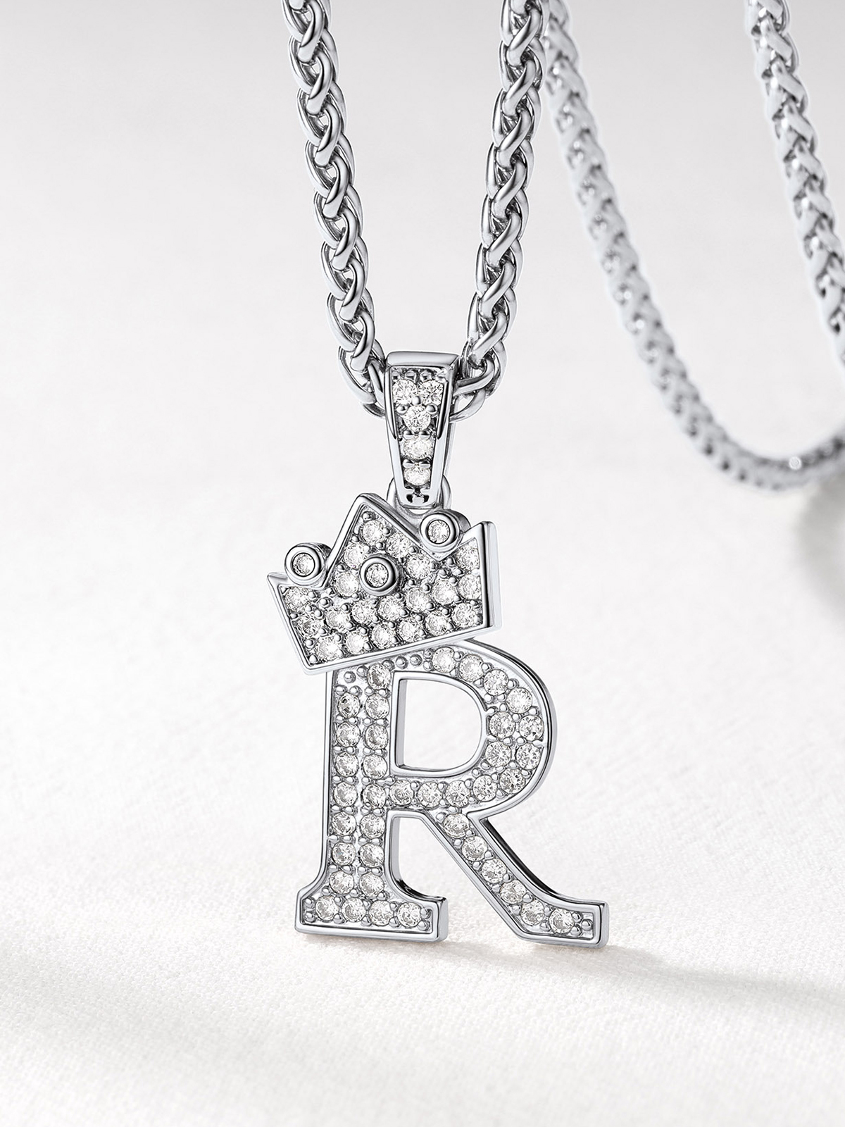 Crown Initial R Pendant Iced Out Necklace with CZ in Silver