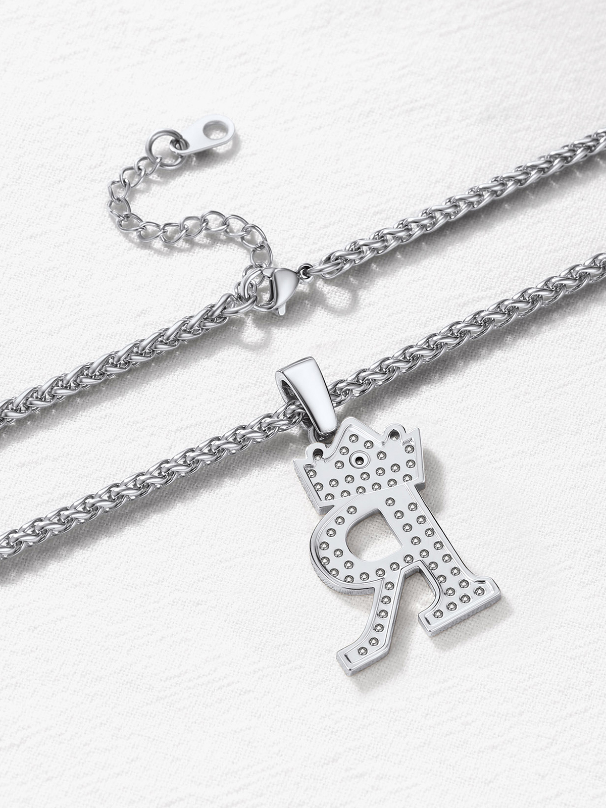 Crown Initial R Pendant Iced Out Necklace with CZ in Silver