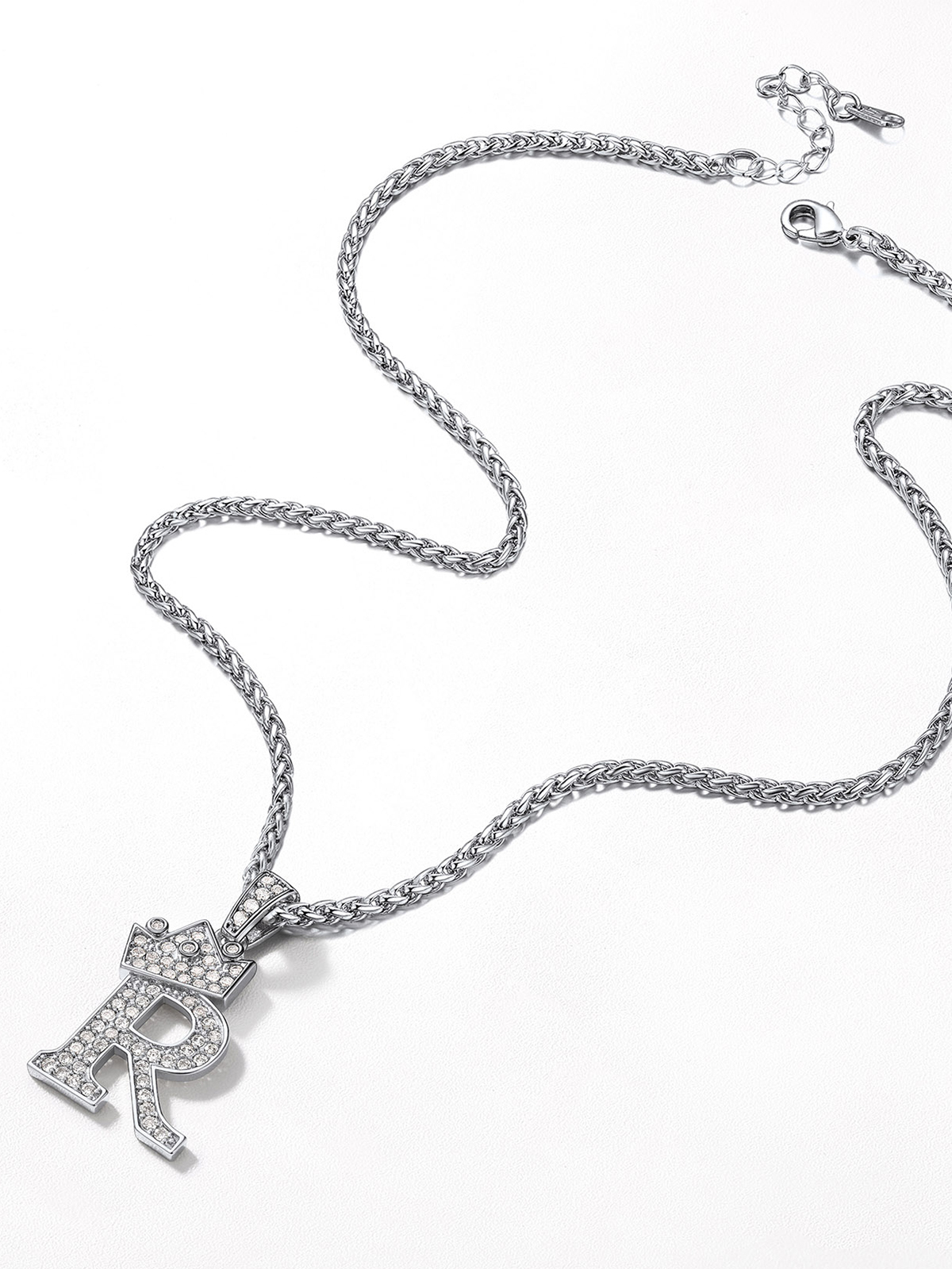 Crown Initial R Pendant Iced Out Necklace with CZ in Silver