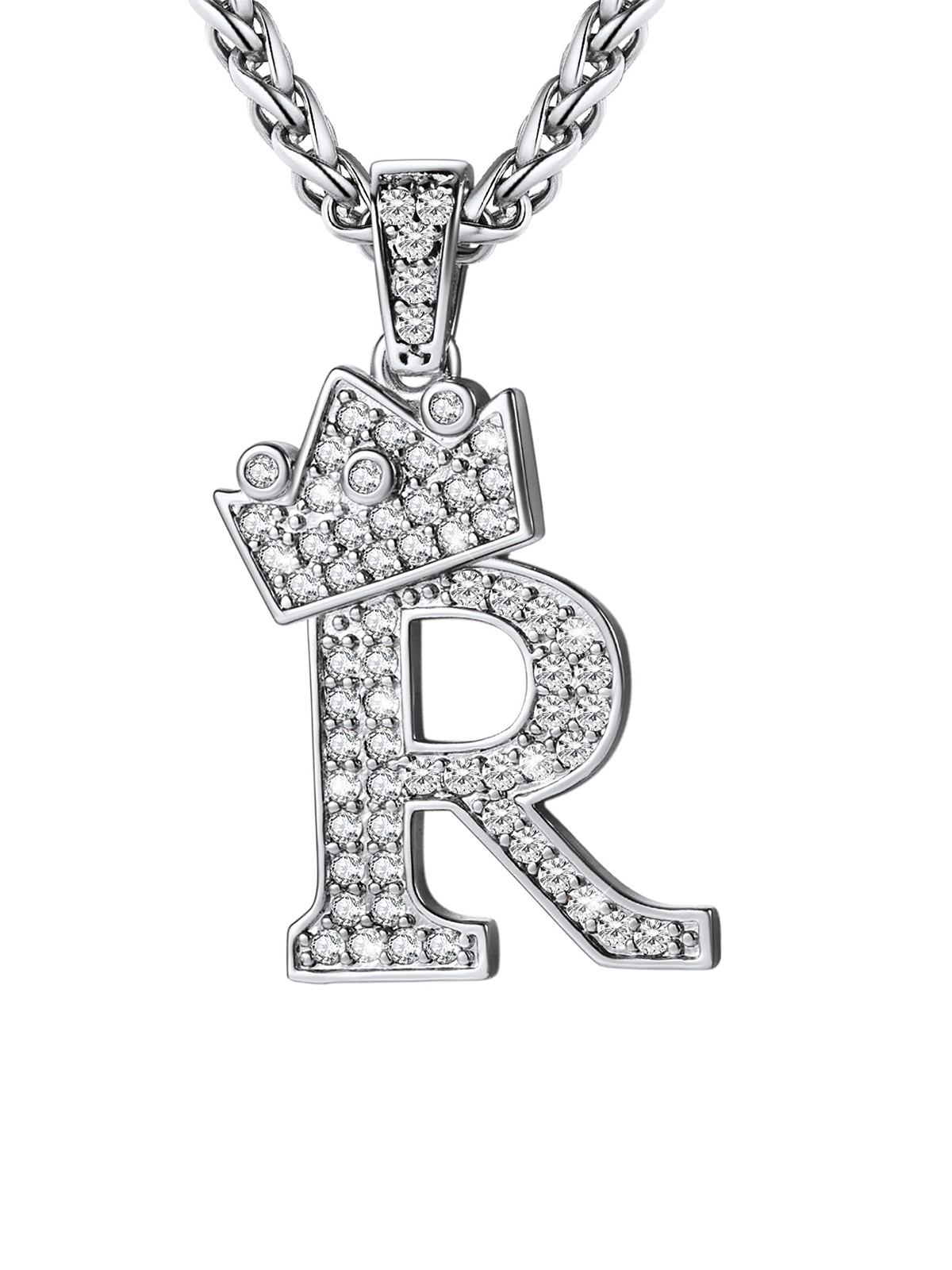 Crown Initial R Pendant Iced Out Necklace with CZ in Silver