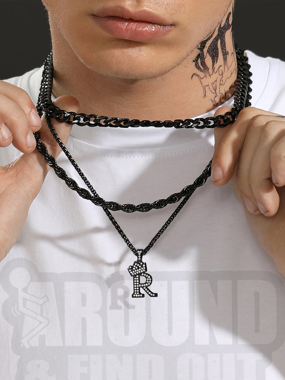 Crown Initial R Pendant Iced Out Necklace with CZ in Black