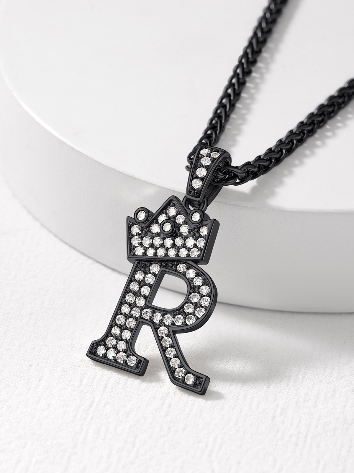 Crown Initial R Pendant Iced Out Necklace with CZ in Black