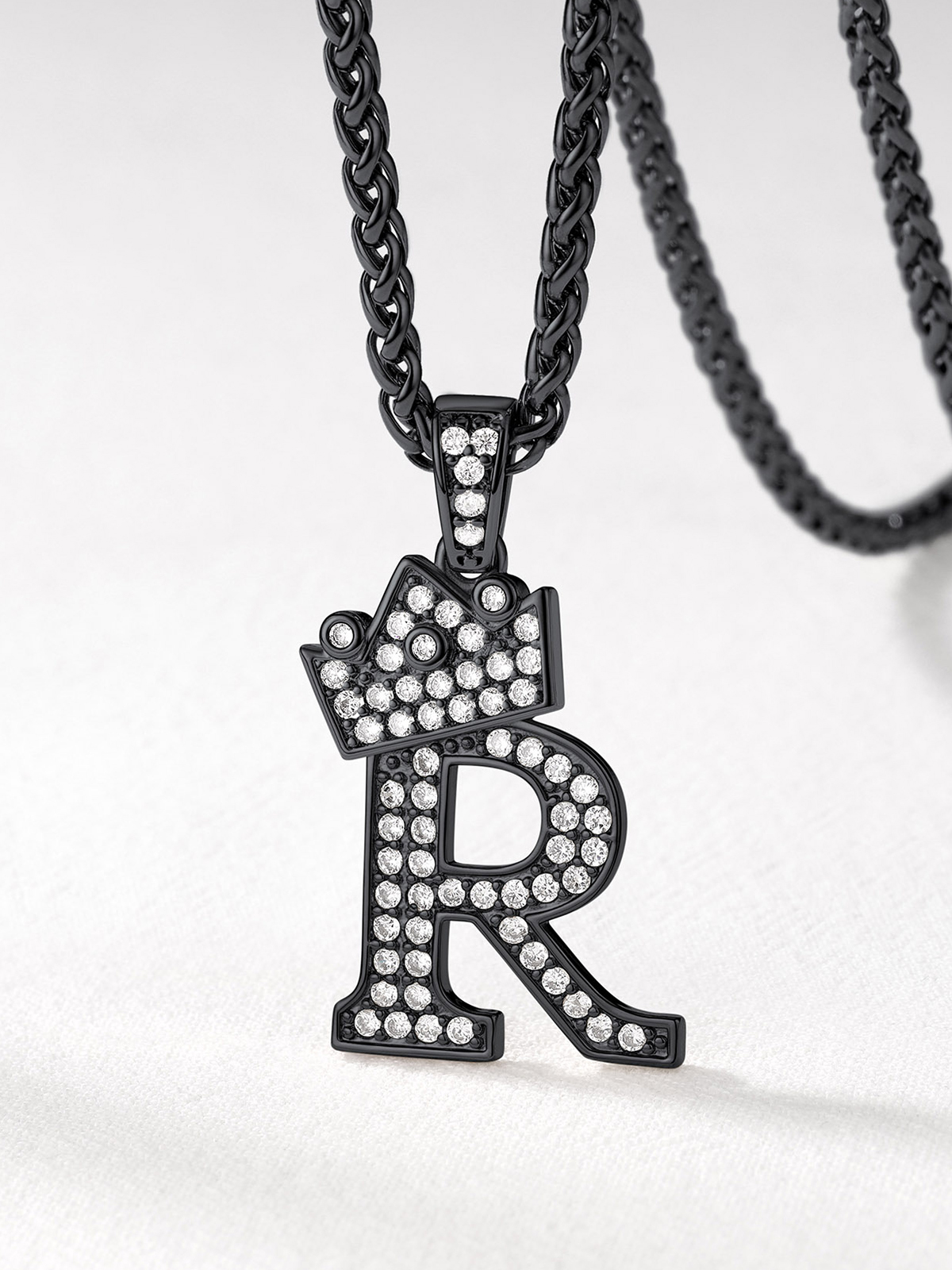 Crown Initial R Pendant Iced Out Necklace with CZ in Black