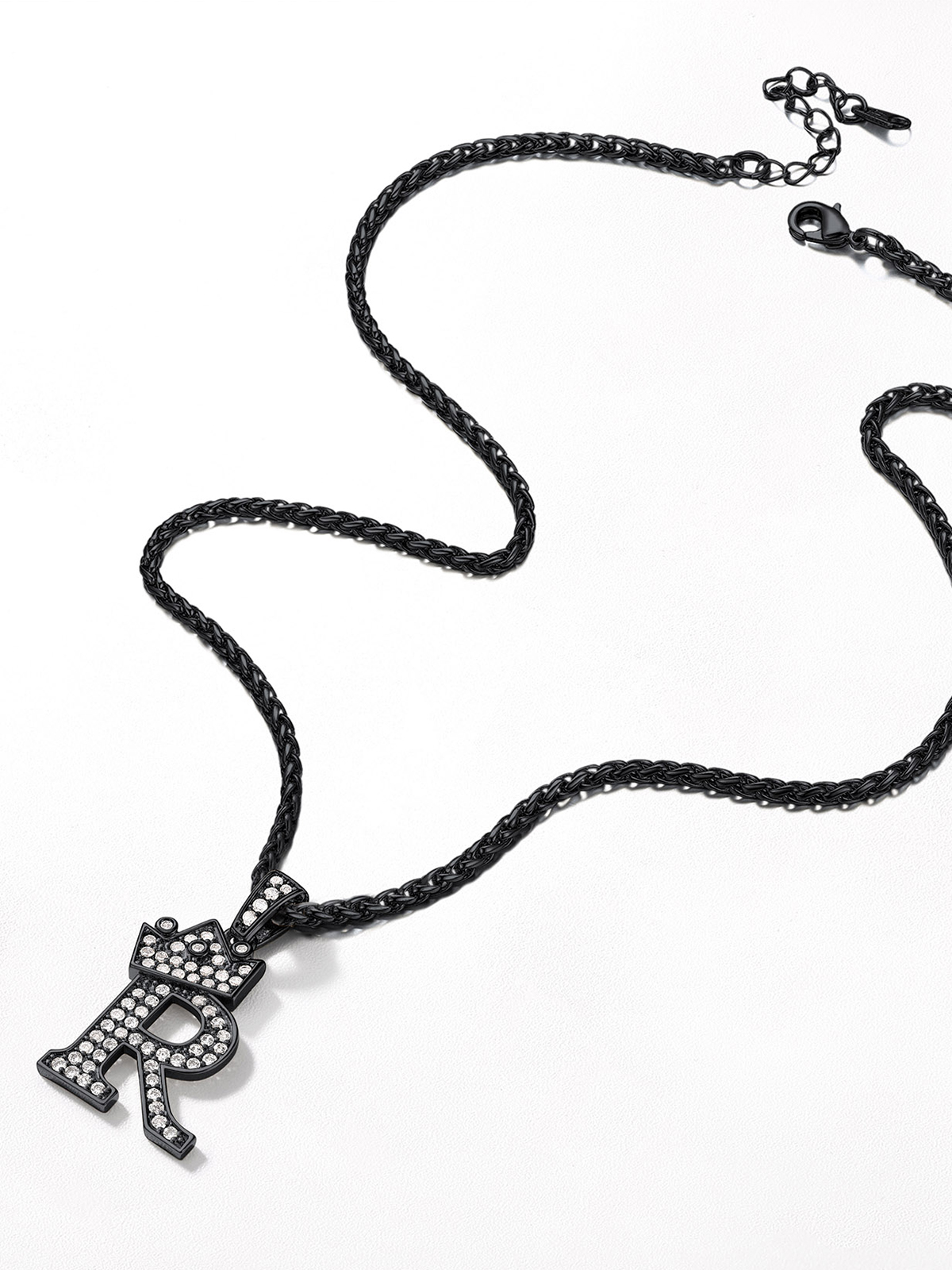 Crown Initial R Pendant Iced Out Necklace with CZ in Black