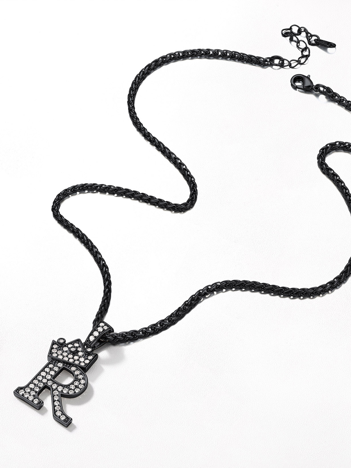 Crown Initial R Pendant Iced Out Necklace with CZ in Black