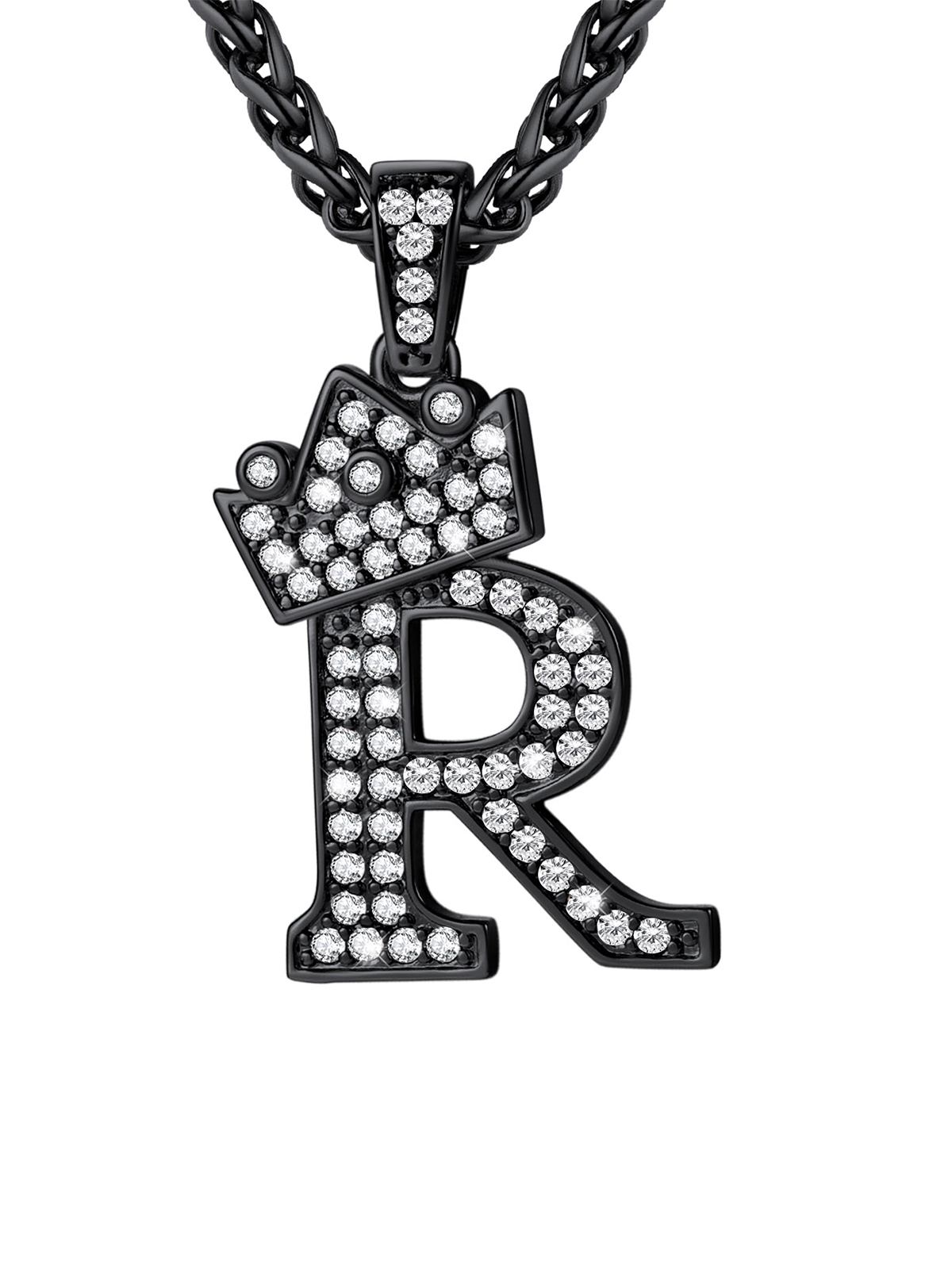 Crown Initial R Pendant Iced Out Necklace with CZ in Black