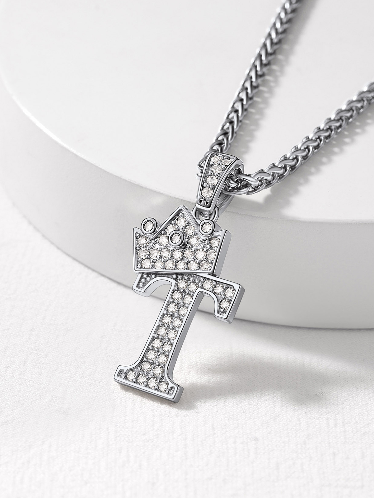 Crown Initial T Pendant Iced Out Necklace with CZ in Silver
