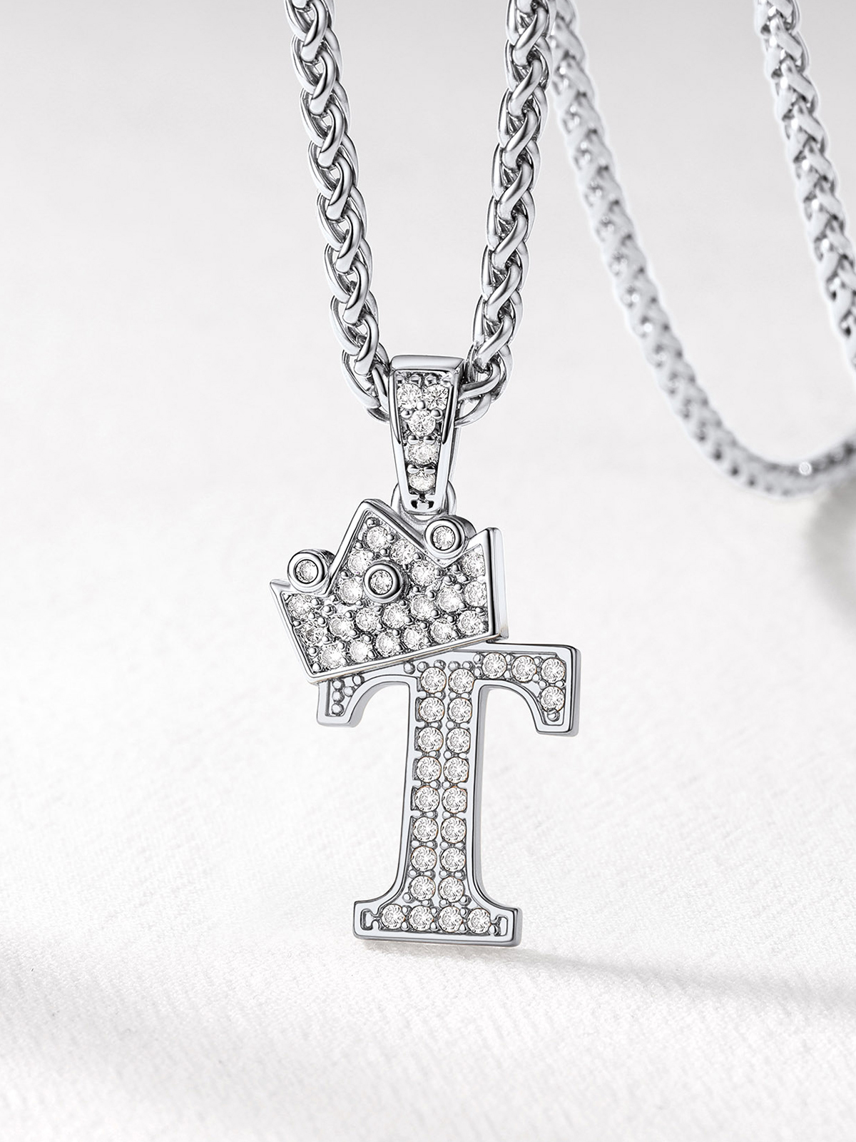 Crown Initial T Pendant Iced Out Necklace with CZ in Silver